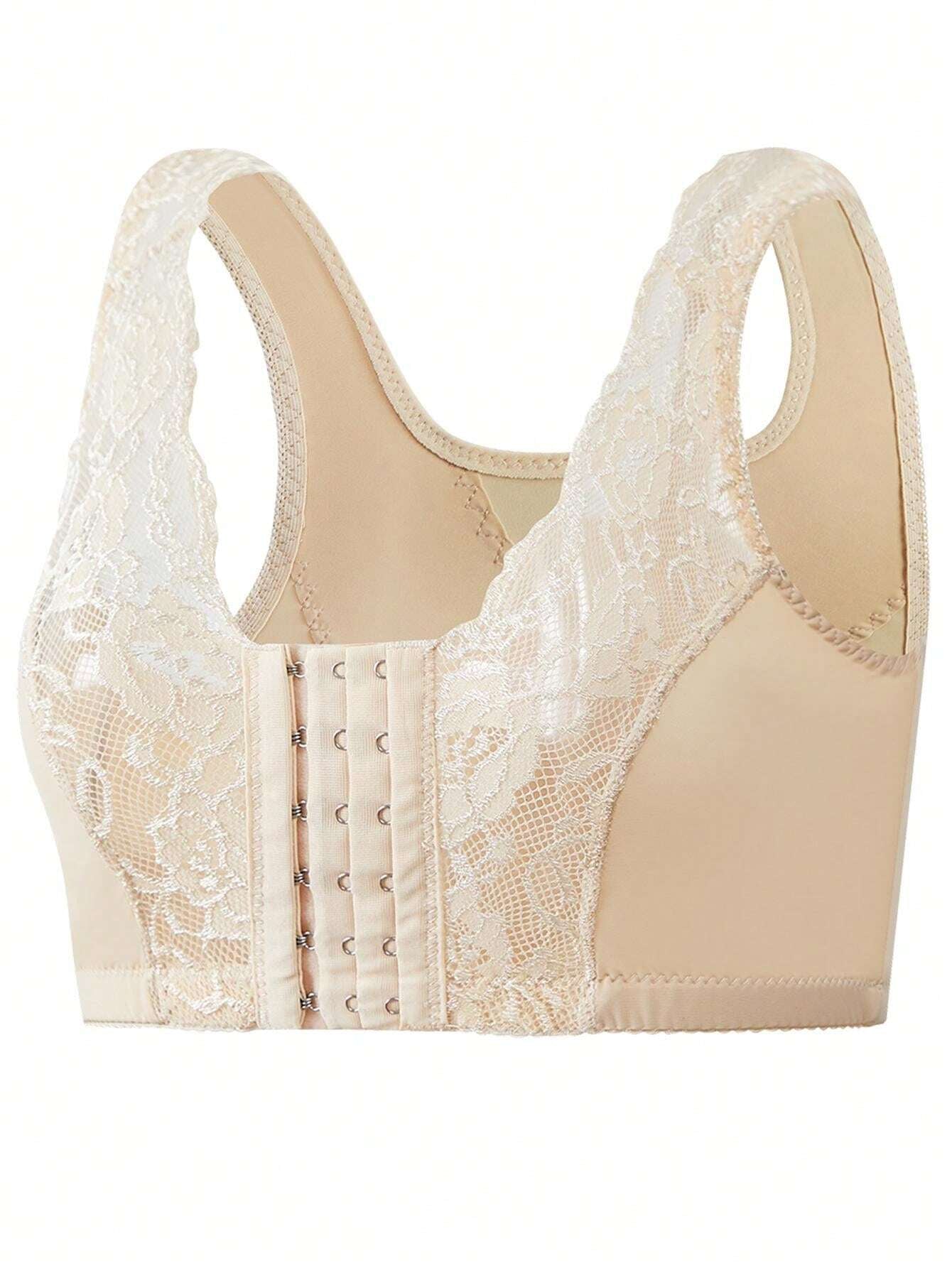 Plus Size Spitzen-Schmetterlings-BH ohne Bügel mit Vorderverschluss, Beige