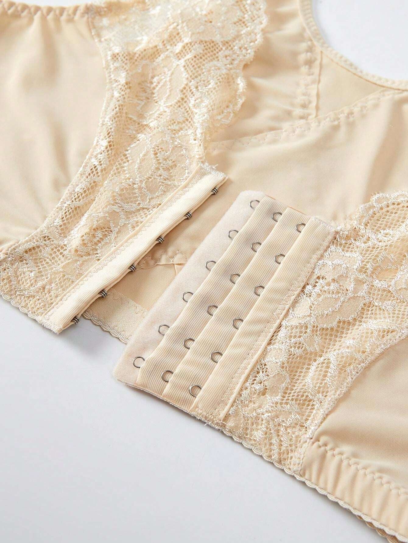 Plus Size Spitzen-Schmetterlings-BH ohne Bügel mit Vorderverschluss, Beige