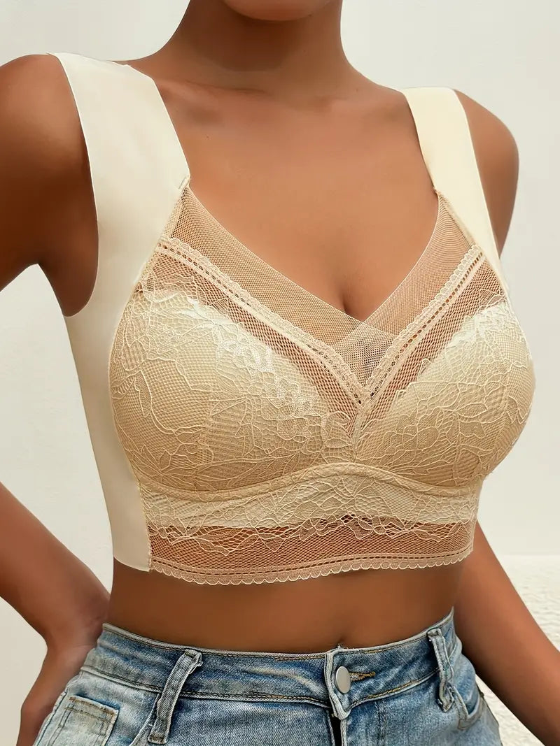 Kontrast-Spitzen-BH ohne Bügel, weicher und bequemer Tank-BH, Dessous und Unterwäsche für Damen