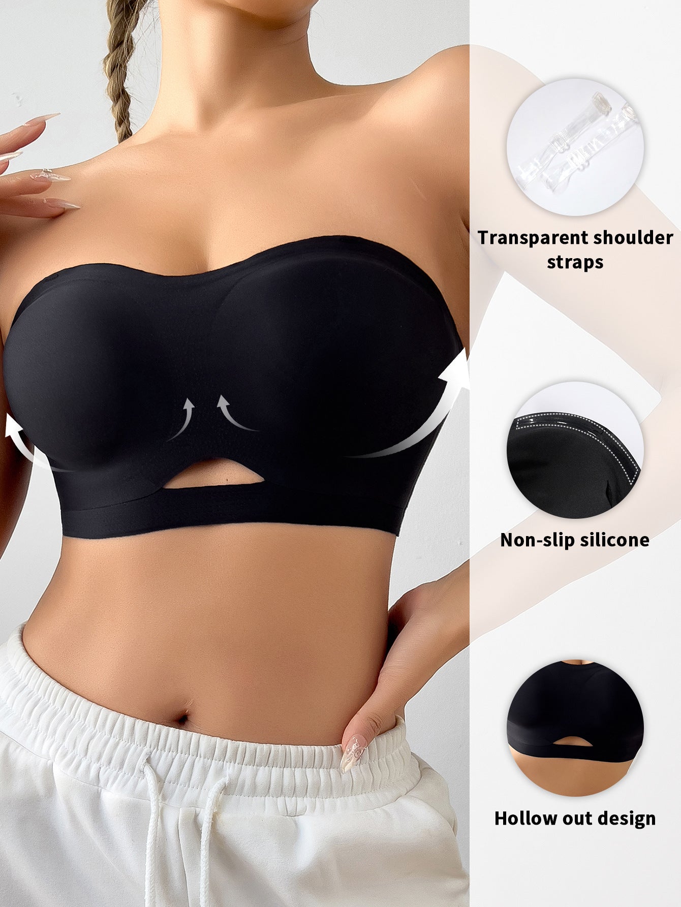 Einfarbiger, nahtloser Ausschnitt, sexy, trägerloser Push-up-BH in Schwarz