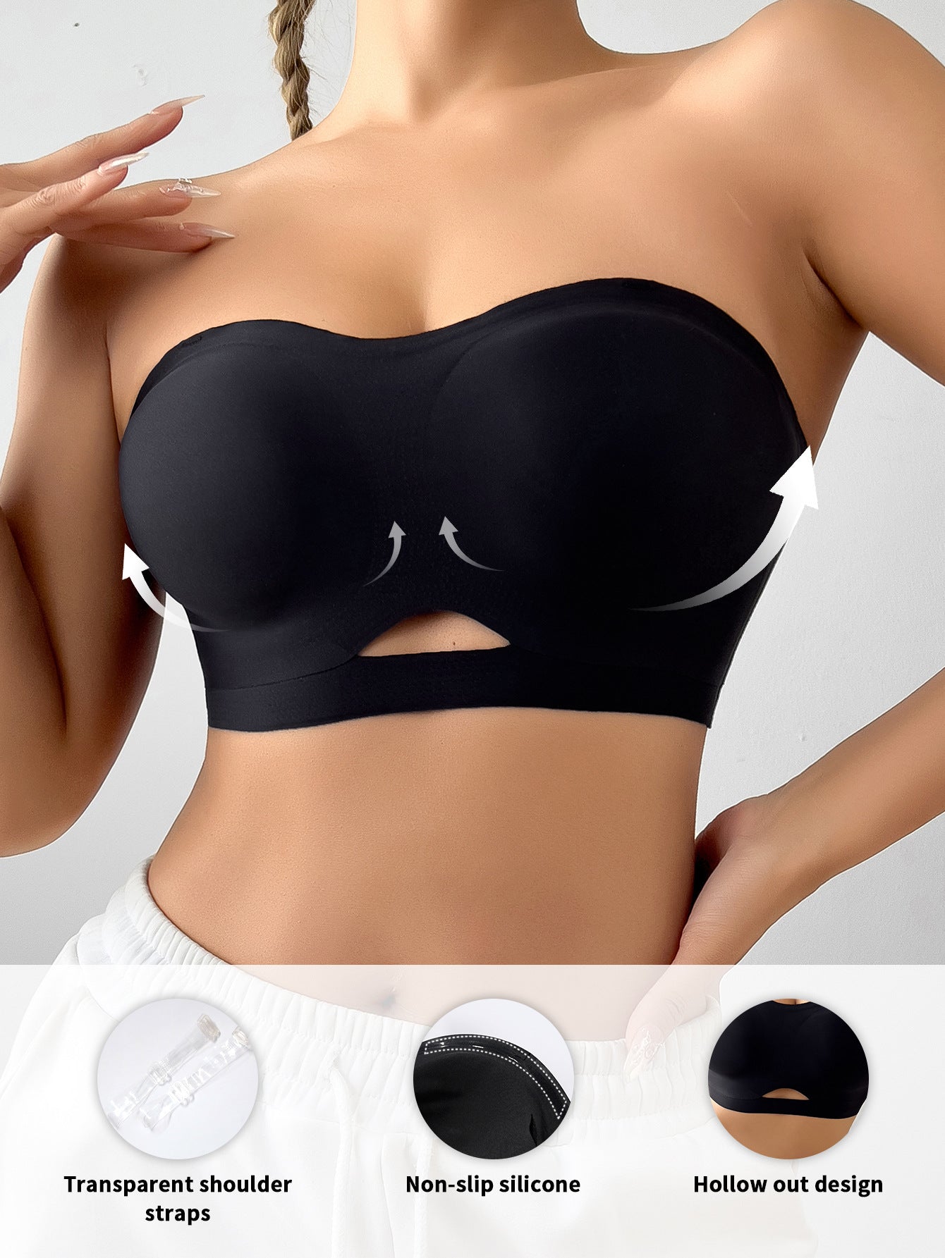 Einfarbiger, nahtloser Ausschnitt, sexy, trägerloser Push-up-BH in Schwarz