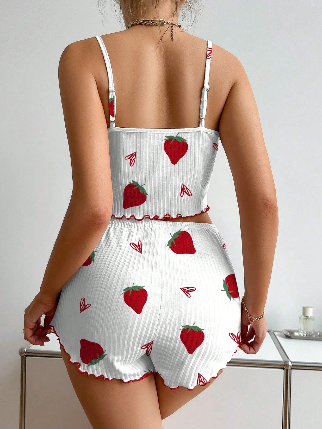 Erdbeer-Print Camisole- und Shorts-Pyjamaset Weiß