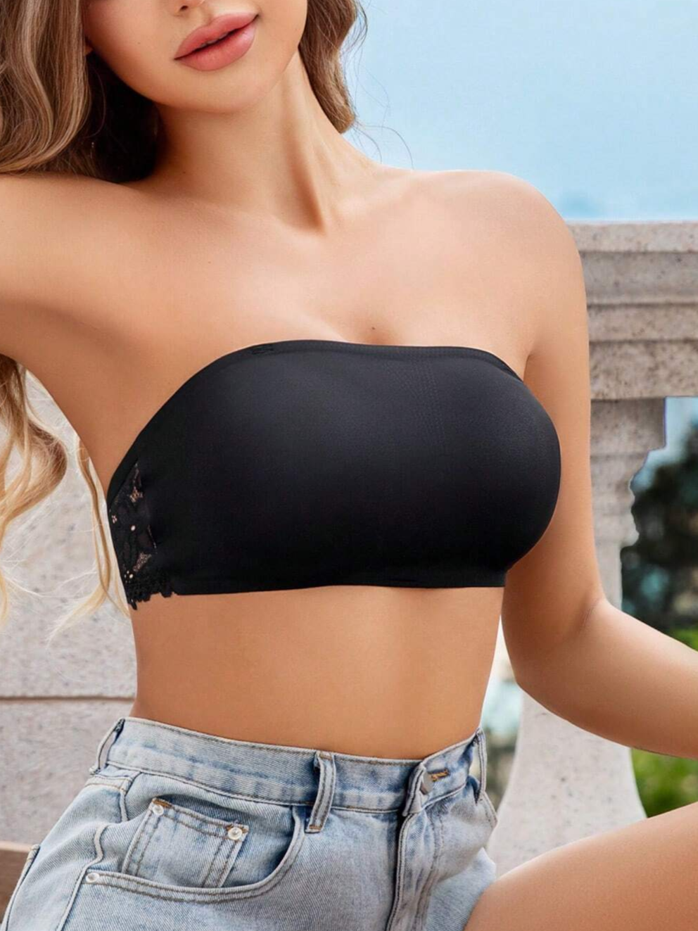 Nahtloser BH mit Spitzennähten, sexy, schulterfreie, abnehmbare, transparente Träger in Schwarz