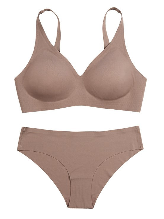 Nahtloses, tiefes V-Sexy-BH-Set aus Eisseide, drahtlos, RosyBrown