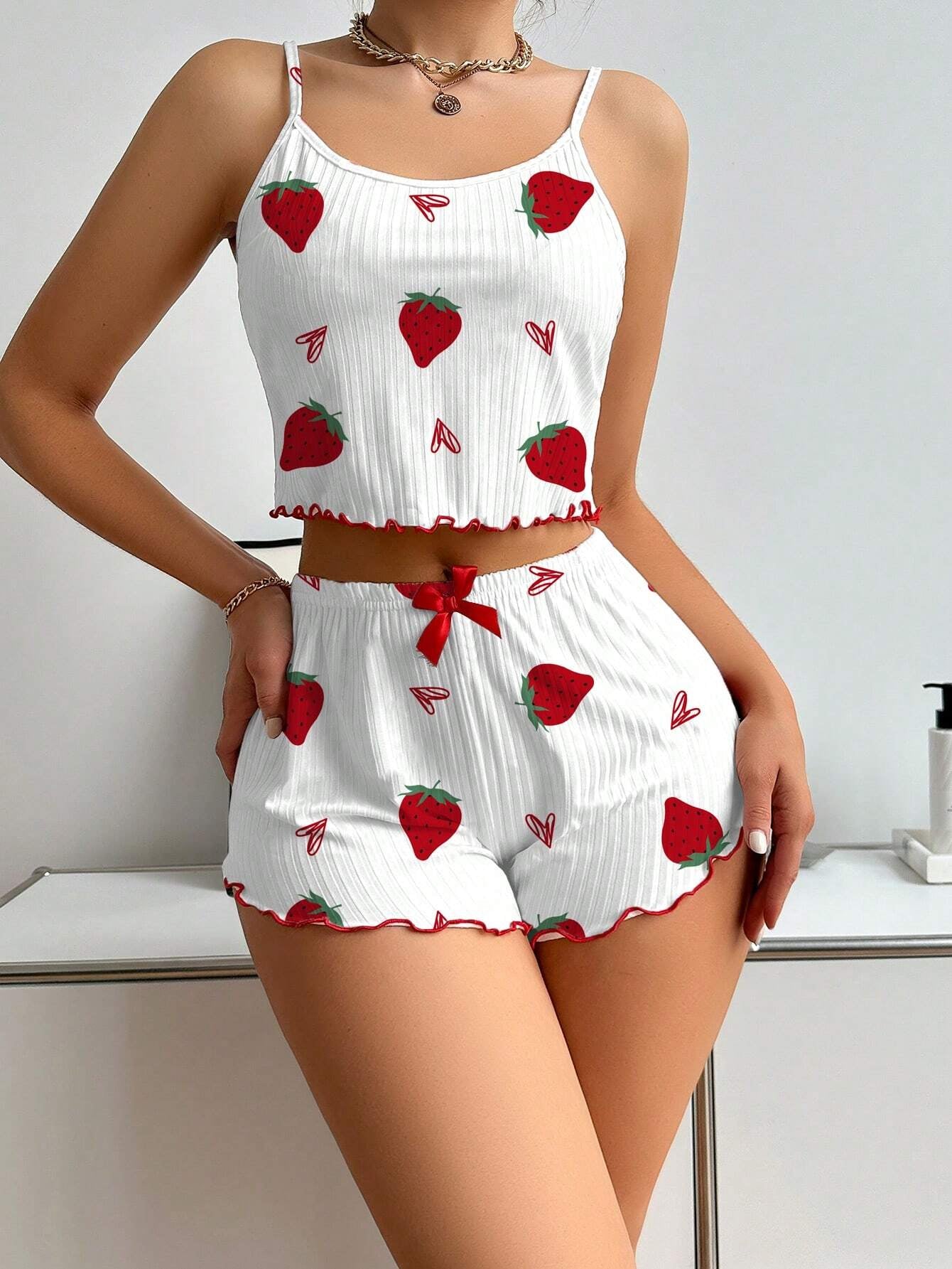 Erdbeer-Print Camisole- und Shorts-Pyjamaset Weiß