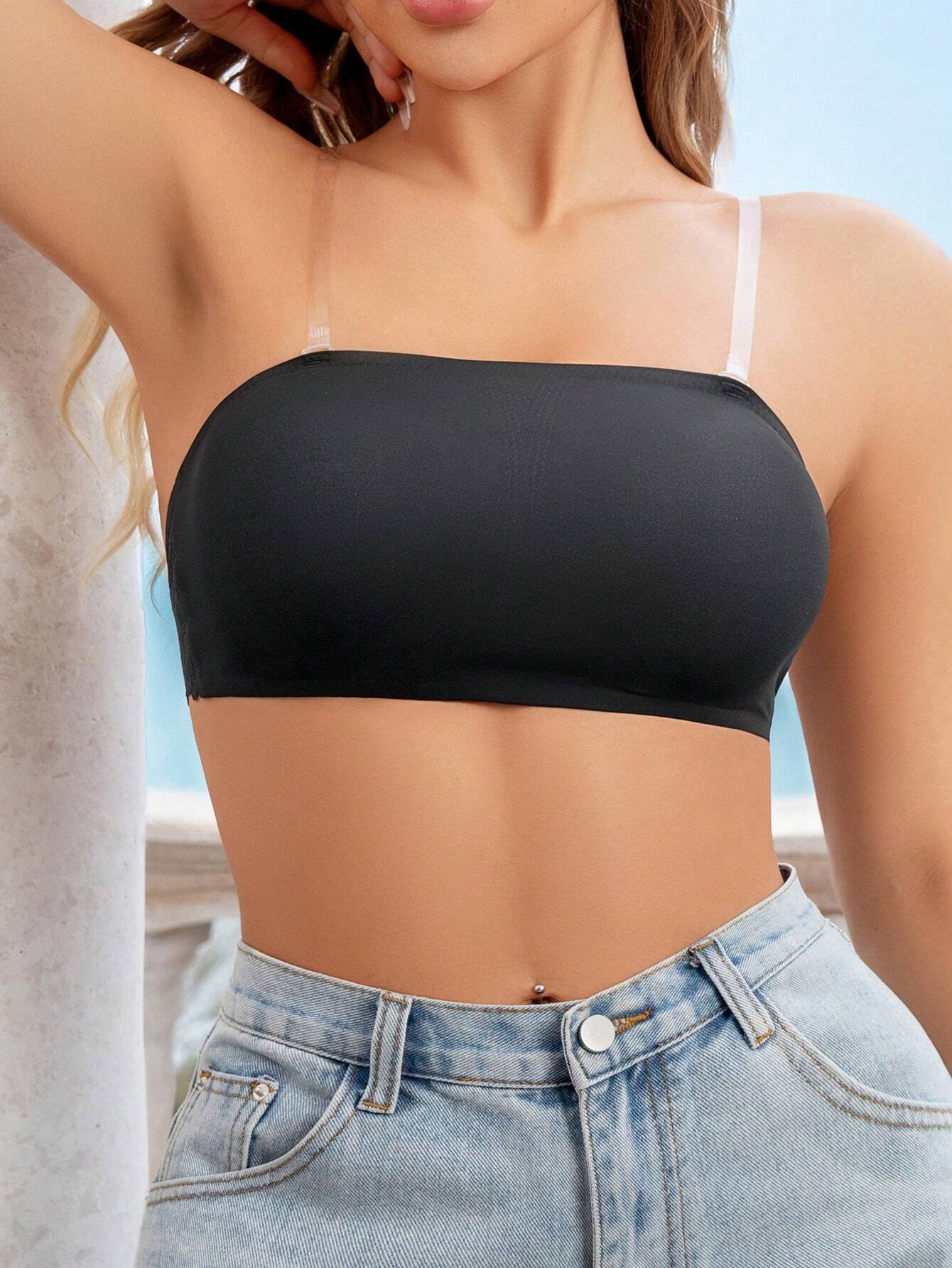 Nahtloser BH mit Spitzennähten, sexy, schulterfreie, abnehmbare, transparente Träger in Schwarz