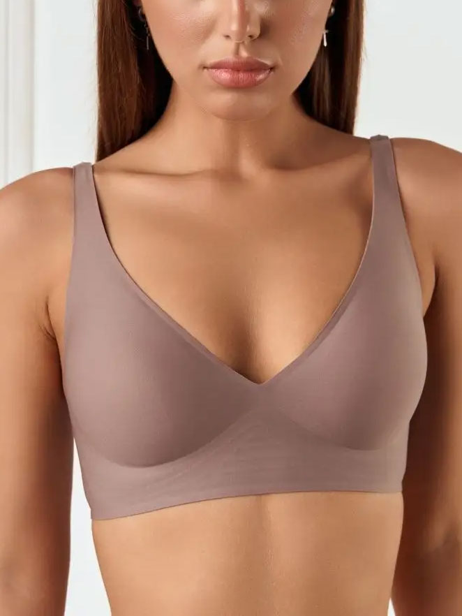 Drahtloser, nahtloser BH für Damen, unsichtbarer tiefer V-Plunge-BH mit herausnehmbarer Polsterung, RosyBrown