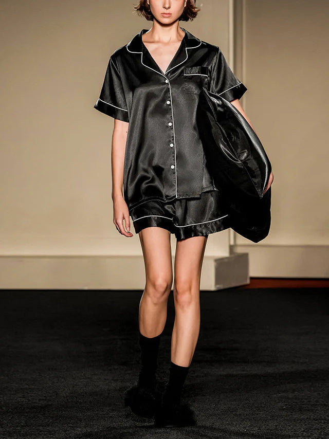Einfarbiges, ärmelloses, kurzer Hosen-Set mit Casual-Lapell und Loungewear-Stil Schwarz