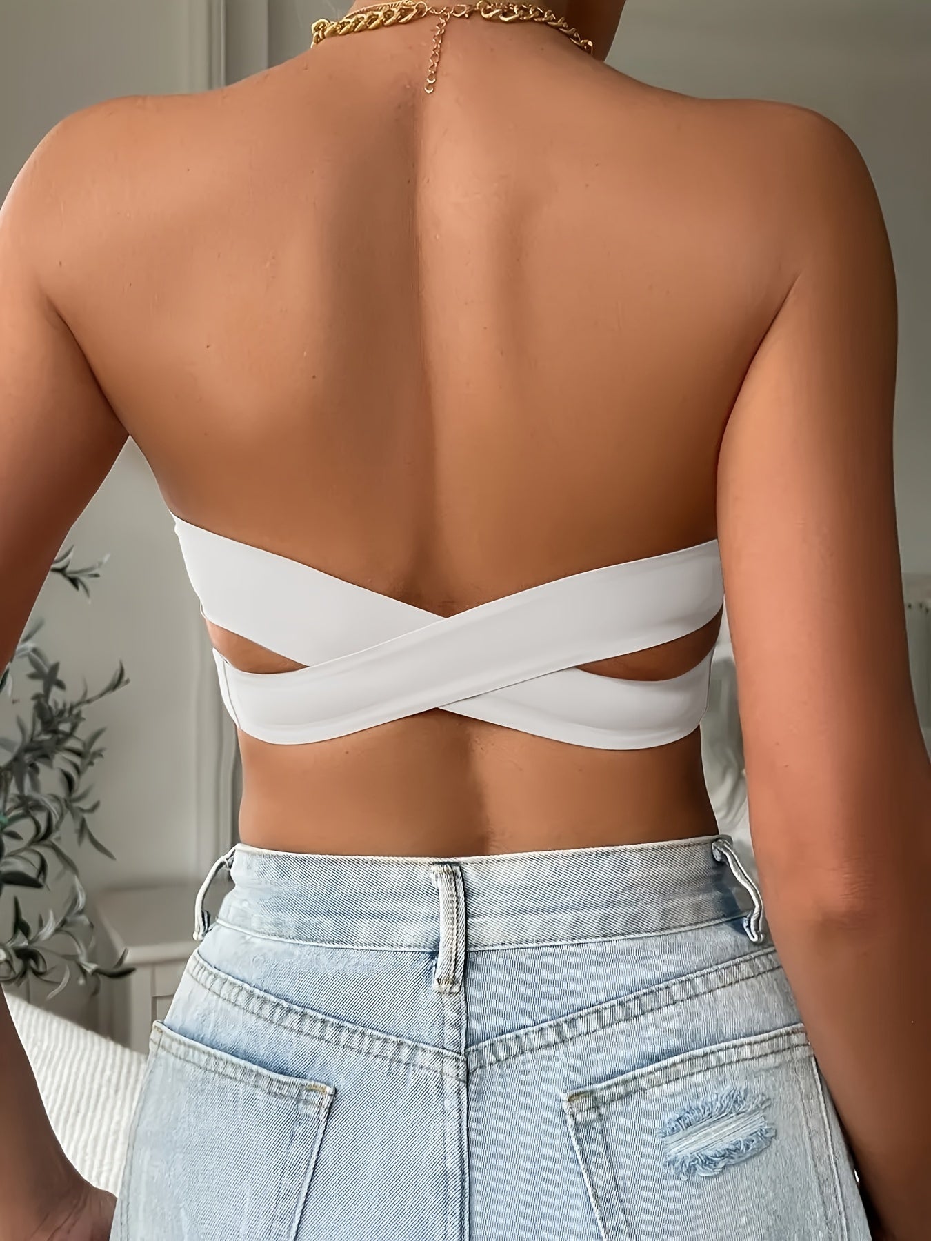 Lässiger, nahtloser, schlichter Bandeau-BH für Damen mit seitlichen Knöpfen, Weiß