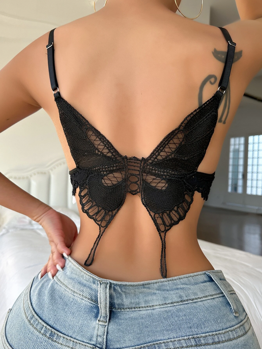 Spitzen-Bralette mit schmetterlingsförmigem Detail und Schleife vorne in Schwarz