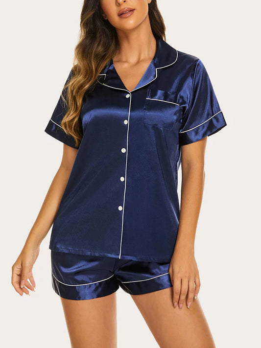 Einfarbiges, ärmelloses, kurzer Hosen-Set mit Casual-Lapell und Loungewear-Stil Marineblau