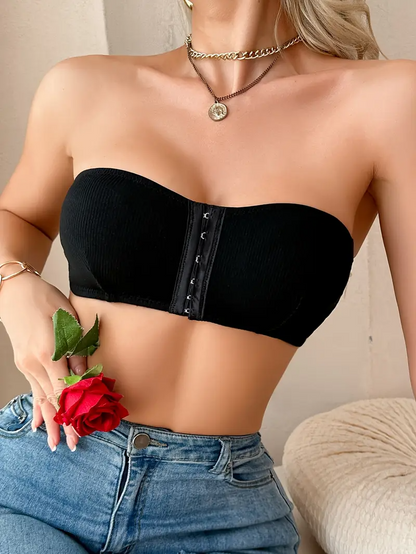 Damen-Bralette mit Vorderverschluss, trägerlos, ohne Polsterung, kabelloser Bandeau-BH, Schwarz