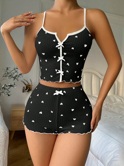 Herzprintiges, mit Schleife an der Vorderseite versehenes Camisole-Shorts-Pyjamaset mit Querrücken /Weiße Schleife