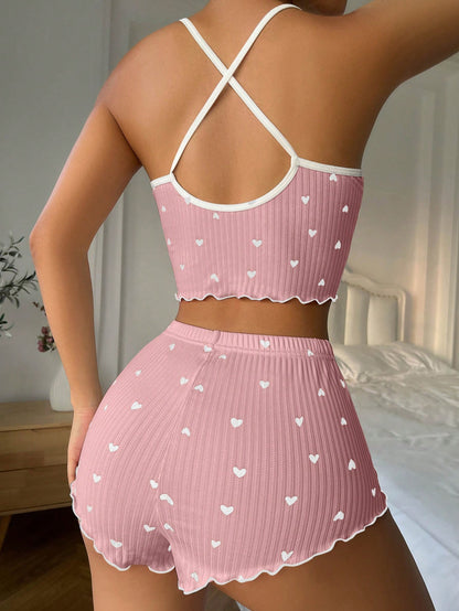 Herzprintiges, mit Schleife an der Vorderseite versehenes Camisole-Shorts-Pyjamaset mit Querrücken Knall Pink