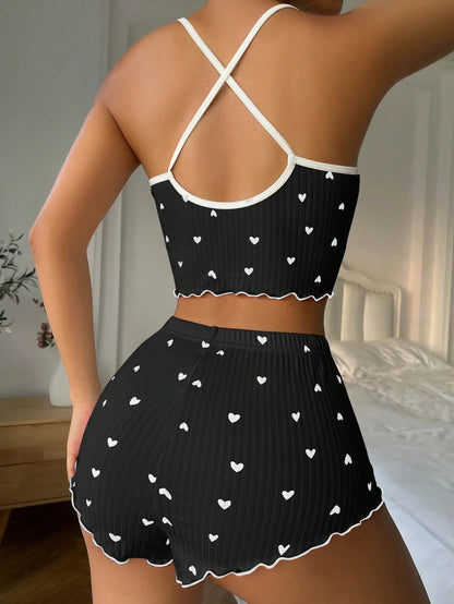 Herzprintiges, mit Schleife an der Vorderseite versehenes Camisole-Shorts-Pyjamaset mit Querrücken /Weiße Schleife