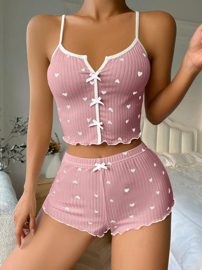 Herzprintiges, mit Schleife an der Vorderseite versehenes Camisole-Shorts-Pyjamaset mit Querrücken Knall Pink