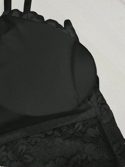 Spitze Rücken Verstellbare Träger Anti-Glanz Camisole BH Schwarz