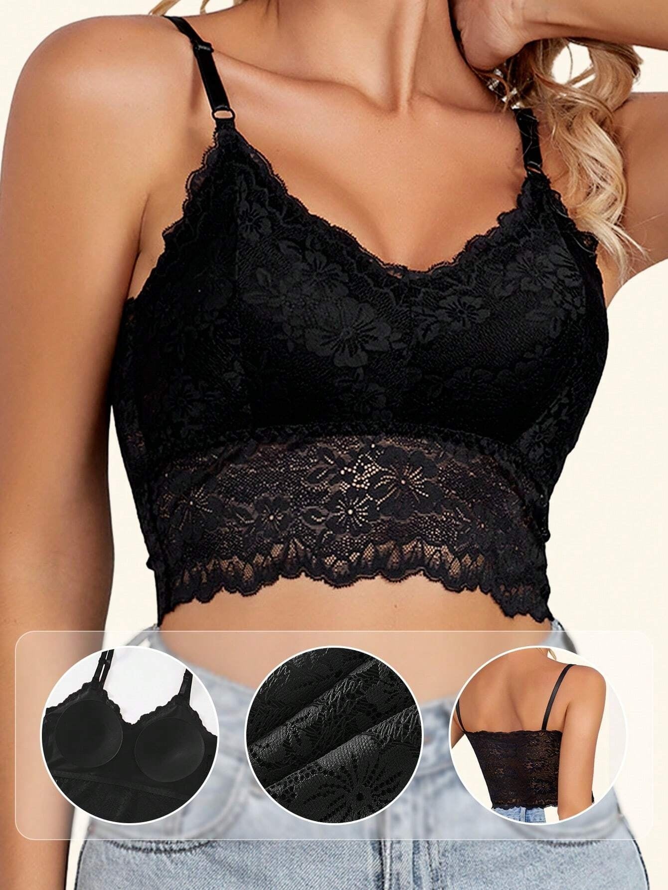 Spitze Rücken Verstellbare Träger Anti-Glanz Camisole BH Schwarz