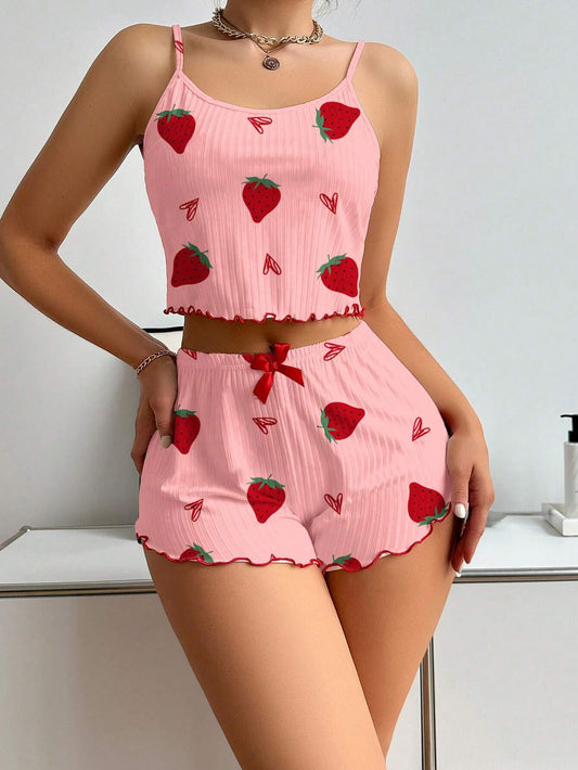 Erdbeer-Print Camisole- und Shorts-Pyjamaset Pink
