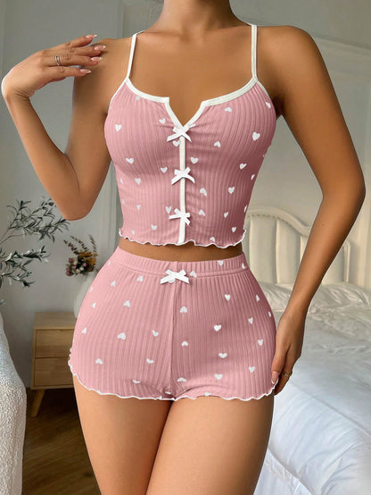 Herzprintiges, mit Schleife an der Vorderseite versehenes Camisole-Shorts-Pyjamaset mit Querrücken Knall Pink