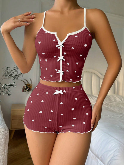 Herzprintiges, mit Schleife an der Vorderseite versehenes Camisole-Shorts-Pyjamaset mit Querrücken Dunkelrot