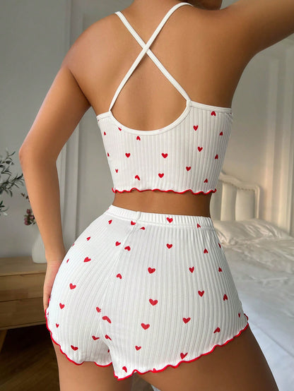 Herzprintiges, mit Schleife an der Vorderseite versehenes Camisole-Shorts-Pyjamaset mit Querrücken Rote Schleife