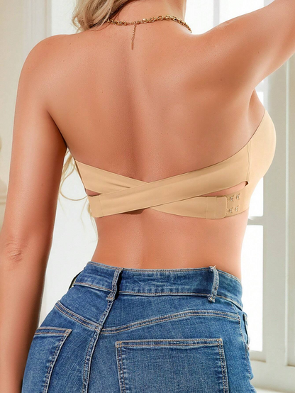 Lässiger, nahtloser, einfacher Bandeau-BH mit seitlichen Knöpfen für Damen in Beige