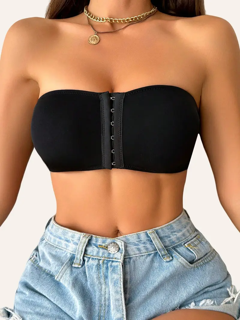 Damen-Bralette mit Vorderverschluss, trägerlos, ohne Polsterung, kabelloser Bandeau-BH, Schwarz