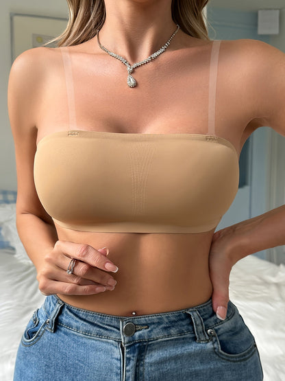 Nahtloser BH mit Spitzennähten, sexy, schulterfreie, abnehmbare, transparente Träger in Beige