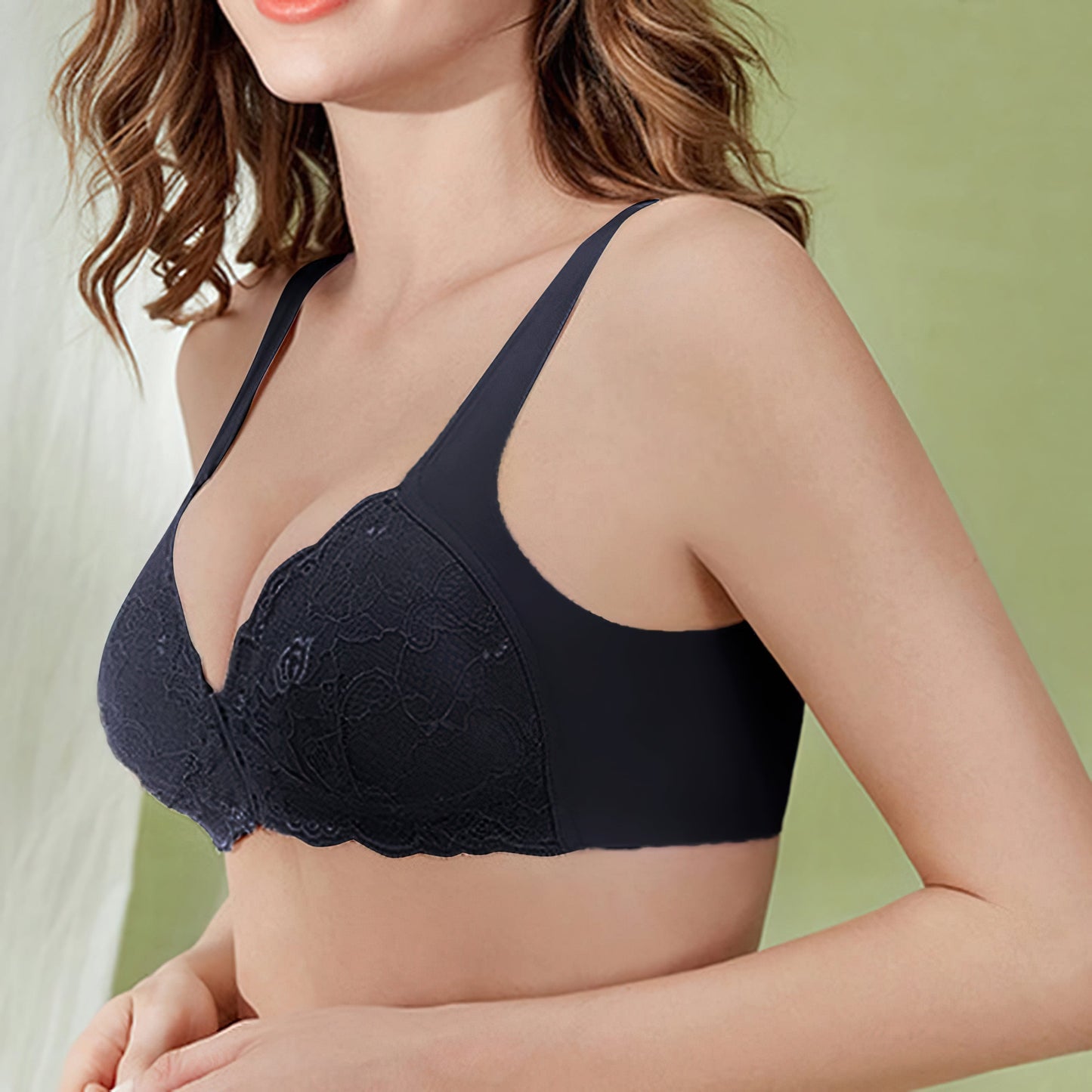 Plus Size Push-up-BH ohne Bügel mit Spitze, vorne geschlossen, Schwarz