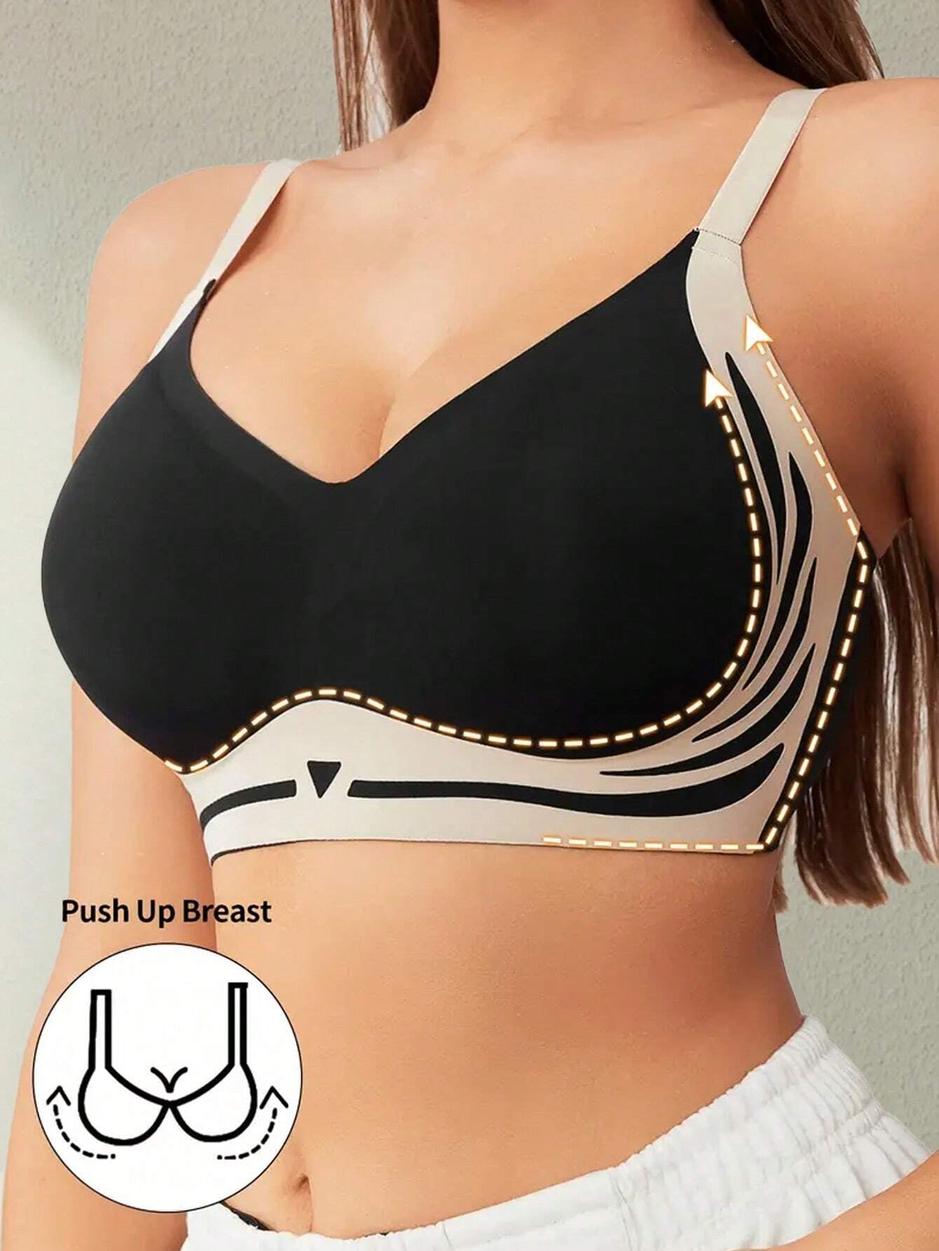 Soft Support Push-up-Seitenbrüste Anti-Durchhang-Sport-Nahtlos-BH Schwarz