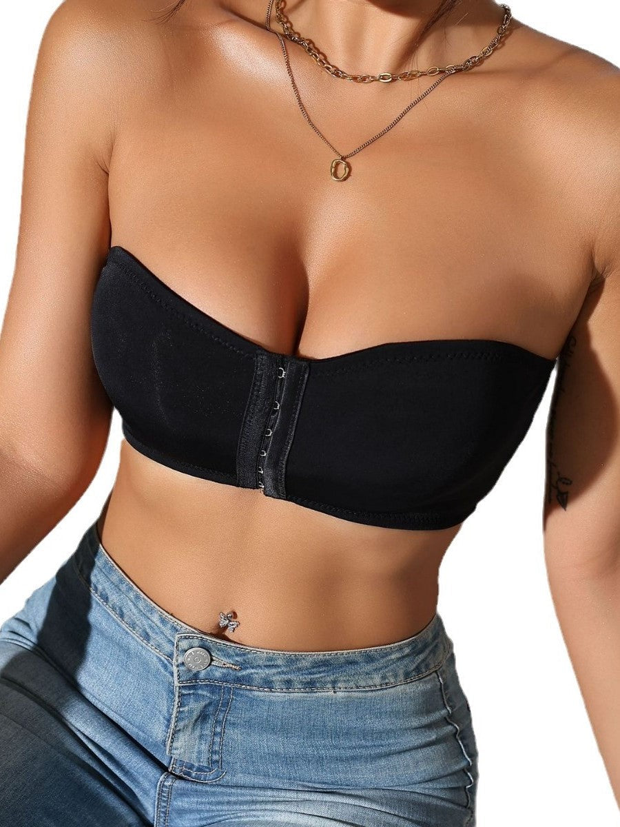 Damen-Bralette mit Vorderverschluss, trägerlos, ohne Polsterung, kabelloser Bandeau-BH, Schwarz