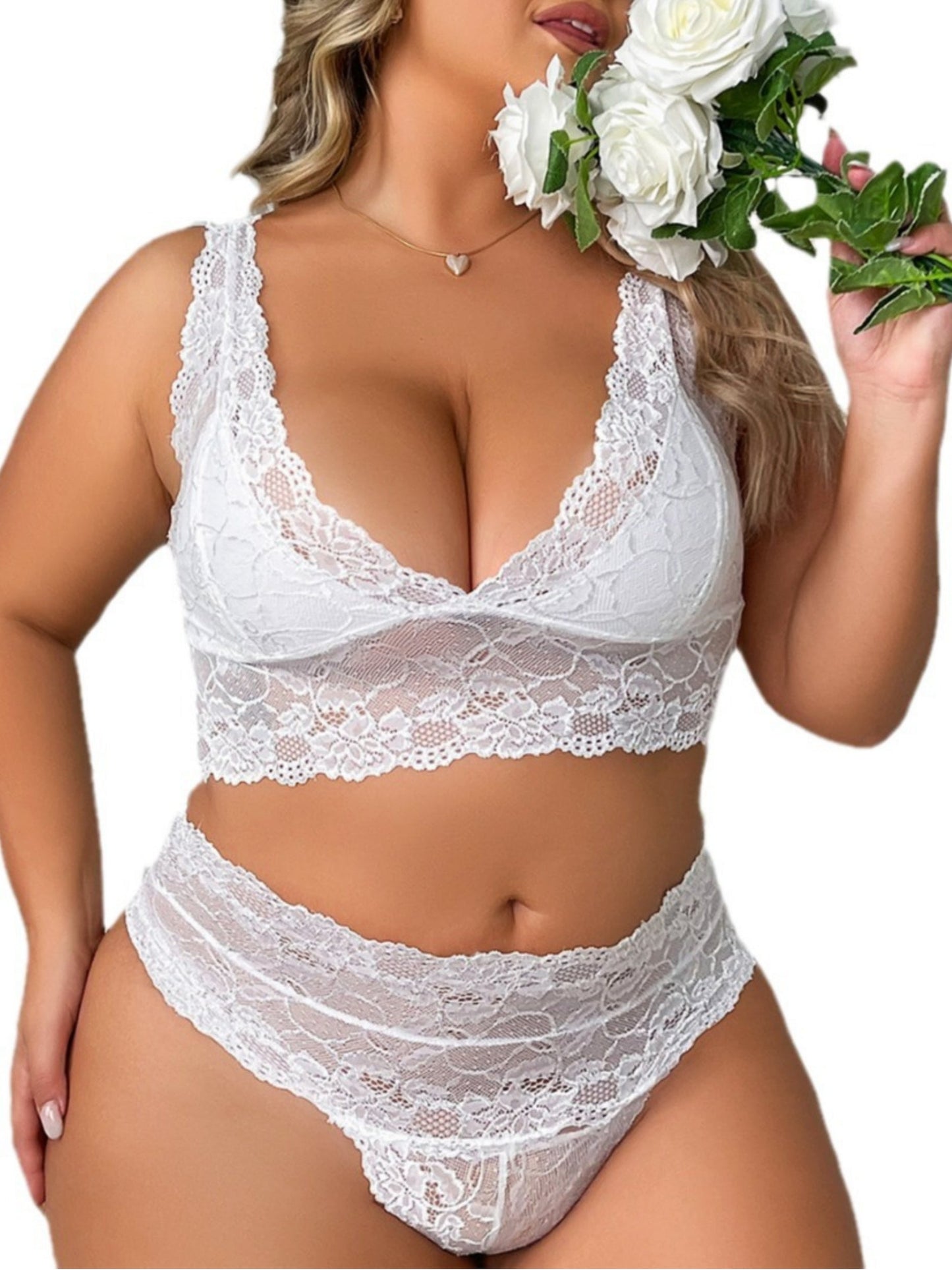 Damen-BH mit floraler Spitze, sexy Muschelbesatz, breiten Trägern, 2-teiliges Set in Übergröße