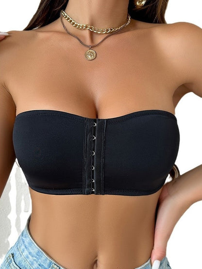 Damen-Bralette mit Vorderverschluss, trägerlos, ohne Polsterung, kabelloser Bandeau-BH, Schwarz