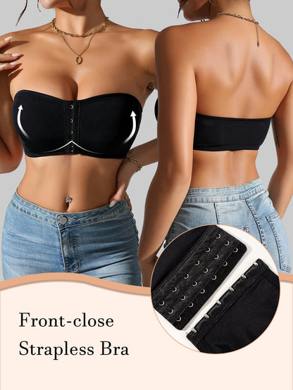 Damen-Bralette mit Vorderverschluss, trägerlos, ohne Polsterung, kabelloser Bandeau-BH, Schwarz