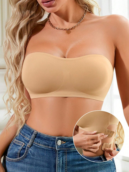 Lässiger, nahtloser, einfacher Bandeau-BH mit seitlichen Knöpfen für Damen in Beige