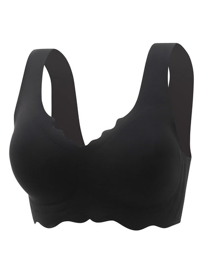 Nahtloser, bequemer Push-up-BH mit tiefem V-Ausschnitt und Wellenrand in Schwarz