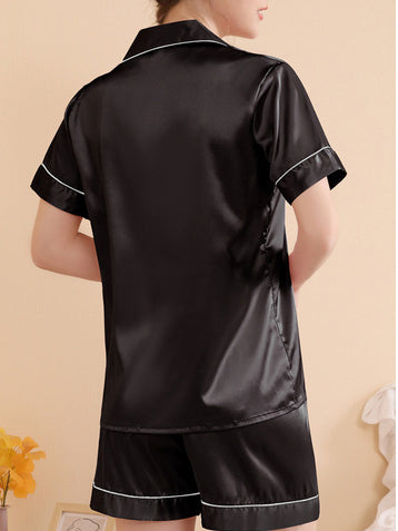 Einfarbiges, ärmelloses, kurzer Hosen-Set mit Casual-Lapell und Loungewear-Stil Schwarz