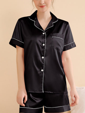Einfarbiges, ärmelloses, kurzer Hosen-Set mit Casual-Lapell und Loungewear-Stil Schwarz